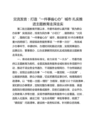 交流发言：打造“一件事省心办”城市 扎实推进主题教育走深走实