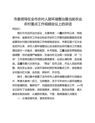 市委领导在全市农村人居环境整治暨当前农业农村重点工作视频会议上的讲话