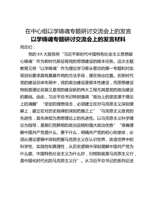 在中心组以学铸魂专题研讨交流会上的发言
