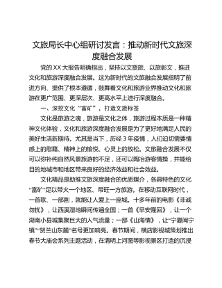 文旅局长中心组研讨发言：推动新时代文旅深度融合发展