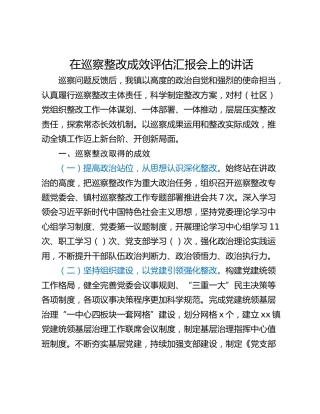 在巡察整改成效评估汇报会上的讲话