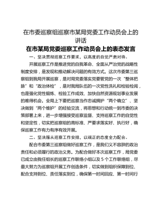 在市委巡察组巡察市某局党委工作动员会上的讲话