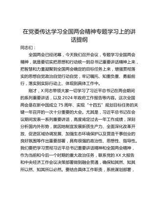 在党委传达学习全国两会精神专题学习上的讲话提纲