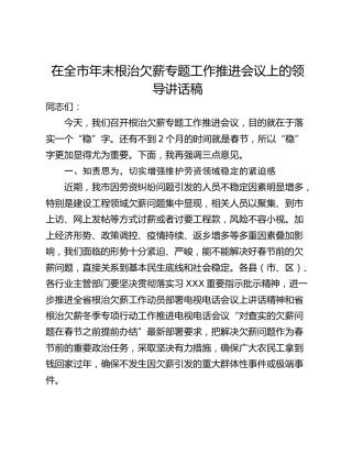 在全市年末根治欠薪专题工作推进会议上的领导讲话稿
