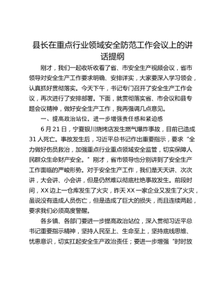 县长在重点行业领域安全防范工作会议上的讲话提纲