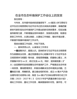 在全市生态环境保护工作会议上的发言