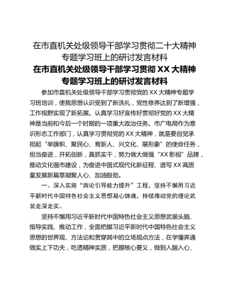 在市直机关处级领导干部学习贯彻二十大精神专题学习班上的研讨发言材料