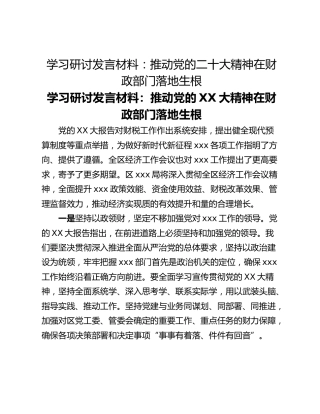 学习研讨发言材料：推动党的二十大精神在财政部门落地生根