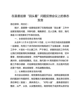 在县委巡察“回头看”问题反馈会议上的表态发言