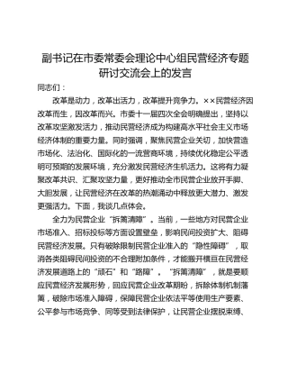 副书记在市委常委会理论中心组民营经济专题研讨交流会上的发言