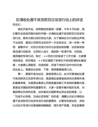 在清收处置不良贷款百日攻坚行动上的讲话
