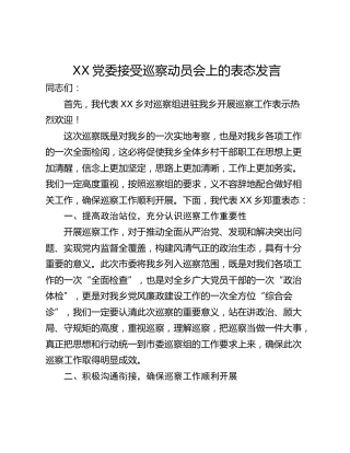 XX党委接受巡察动员会上的表态发言