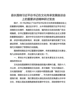 县长围绕习近平总书记在文化传承发展座谈会上的重要讲话精神研讨发言