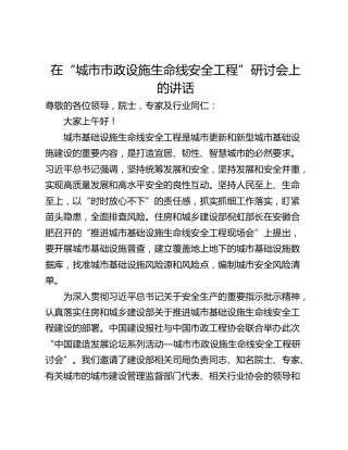 在“城市市政设施生命线安全工程”研讨会上的讲话