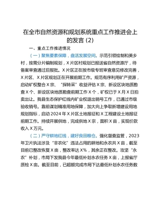 在全市自然资源和规划系统重点工作推进会上的发言 (2)