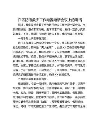 在区防汛救灾工作电视电话会议上的讲话