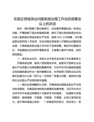 在国企领域突出问题系统治理工作动员部署会议上的讲话