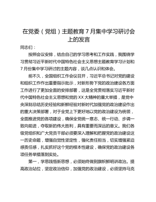 在党委（党组）主题教育7月集中学习研讨会上的发言