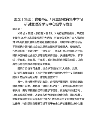 国企（集团）党委书记7月主题教育集中学习研讨暨理论学习中心组学习发言