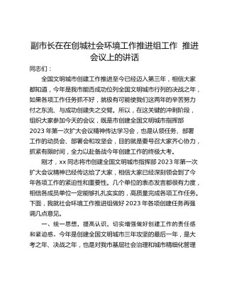 副市长在在创城社会环境工作推进组工作  推进会议上的讲话