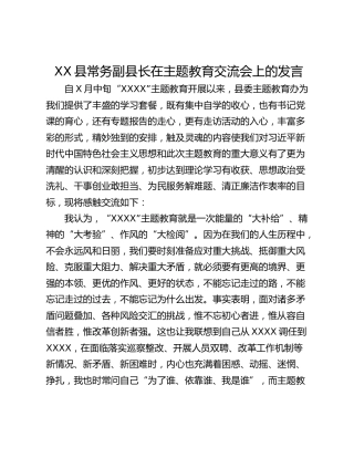 XX县常务副县长在主题教育交流会上的发言