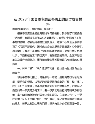 在2023年国资委专题读书班上的研讨发言材料