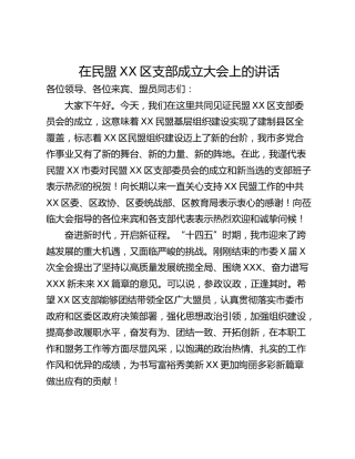 在民盟XX区支部成立大会上的讲话
