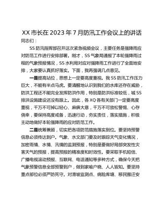 XX市长在2023年7月防汛工作会议上的讲话
