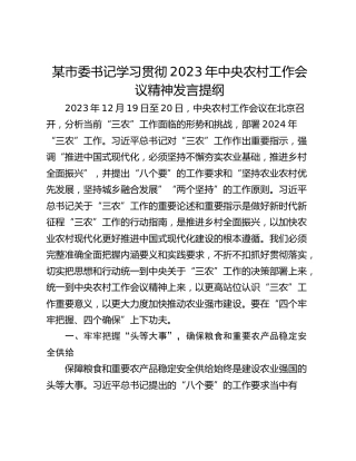 某市委书记学习贯彻2023年中央农村工作会议精神发言提纲