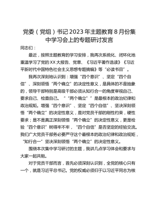 党委（党组）书记2023年主题教育8月份集中学习会上的专题研讨发言