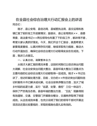 在全县社会综合治理大行动汇报会上的讲话