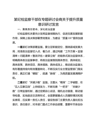 某纪检监察干部在专题研讨会商关于提升质量意识研讨发言