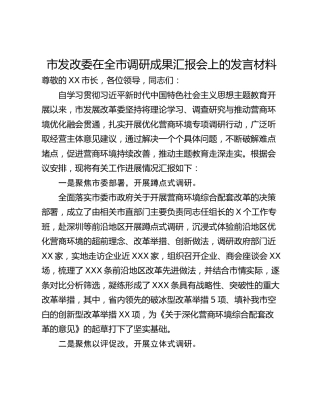 市发改委在全市调研成果汇报会上的发言材料
