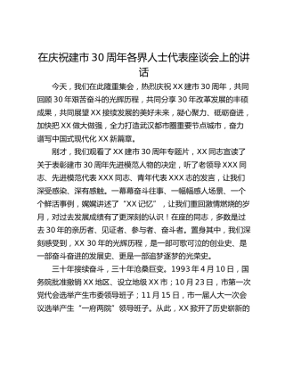 在庆祝建市30周年各界人士代表座谈会上的讲话