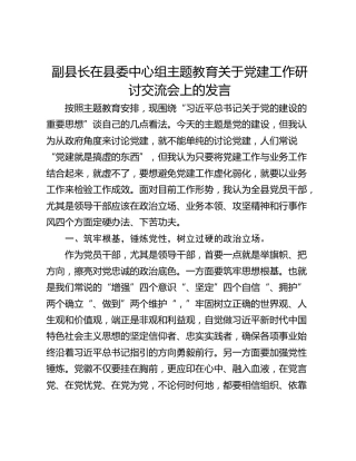 副县长在县委中心组主题教育关于党建工作研讨交流会上的发言