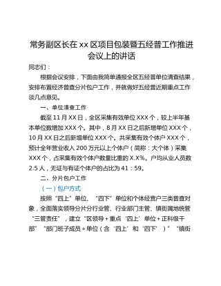 常务副区长在xx区项目包装暨五经普工作推进会议上的讲话