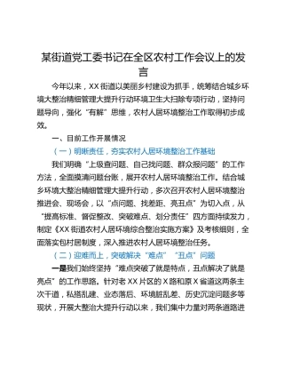某街道党工委书记在全区农村工作会议上的发言