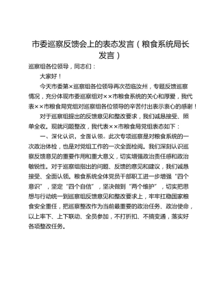 市委巡察反馈会上的表态发言（粮食系统局长发言）