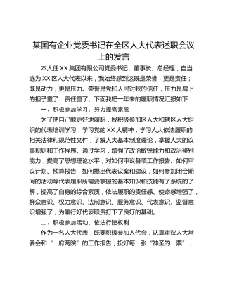 某国有企业党委书记在全区人大代表述职会议上的发言