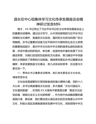 县长在中心组集体学习文化传承发展座谈会精神研讨发言材料