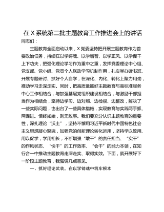 在X系统第二批主题教育工作推进会上的讲话