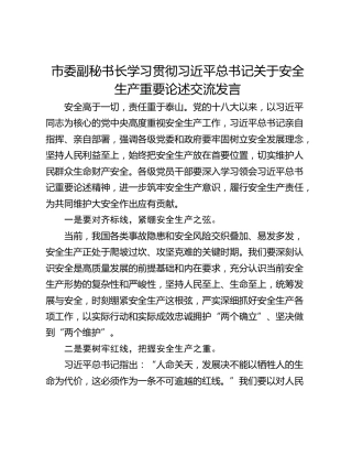 市委副秘书长学习贯彻习近平总书记关于安全生产重要论述交流发言