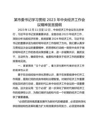 某市委书记学习贯彻 2023 年中央经济工作会议精神发言提纲