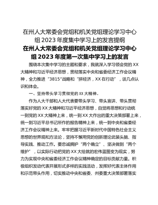 在州人大常委会党组和机关党组理论学习中心组2023年度集中学习上的发言提纲