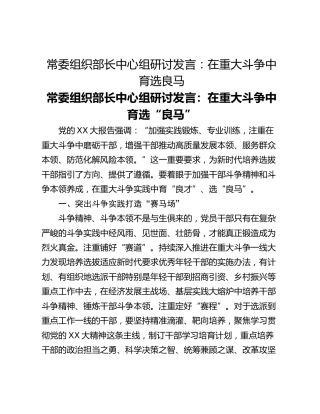 常委组织部长中心组研讨发言：在重大斗争中育选良马