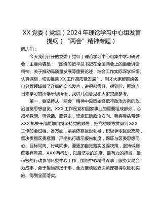 XX党委（党组）2024年理论学习中心组发言提纲（“两会”精神专题）