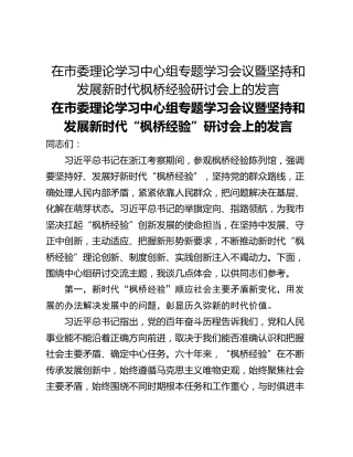 在市委理论学习中心组专题学习会议暨坚持和发展新时代枫桥经验研讨会上的发言