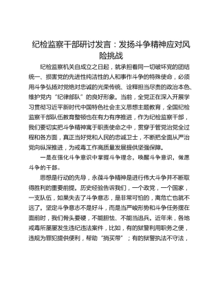 纪检监察干部研讨发言：发扬斗争精神应对风险挑战