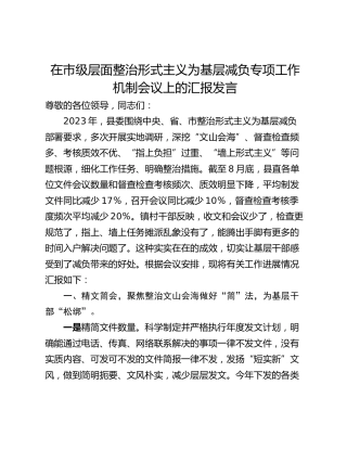 在市级层面整治形式主义为基层减负专项工作机制会议上的汇报发言