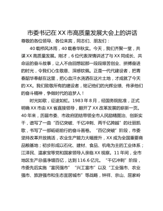 市委书记在XX市高质量发展大会上的讲话